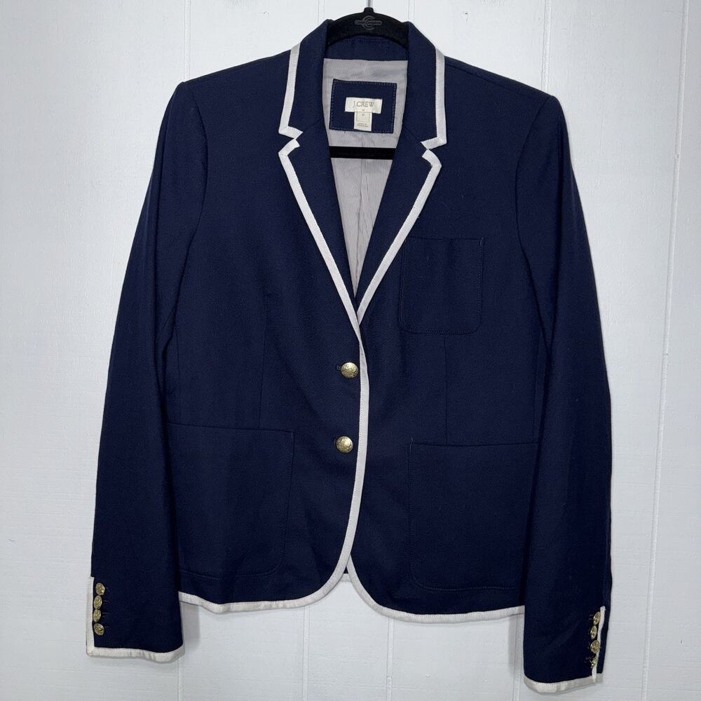 J. Crew Women’s Tipped Schoolboy Blazer Wool Blend Navy Blue Size 12
